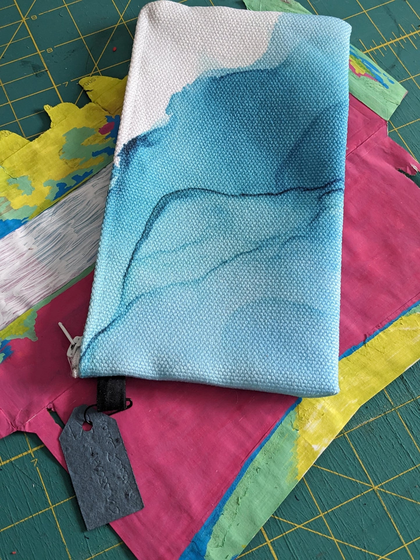 Zippered Cotton Canvas Pencil Case | Blue Ink Wave